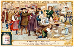 Histoire de la porcelaine n° 4 : La porcelaine de Meissen (Saxe) apparue pour la première fois à la foire de Pâques à Leipzig en 1710. Chromolithographie Liebig - French School