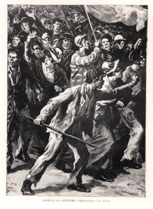 Manifestants en grève dans les rues de Chicago pendant les émeutes de Pullman de 1894, vers 1895 - French School