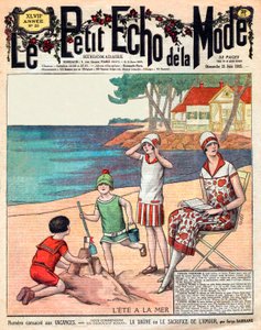 Été à la mer, femme avec ses trois enfants à la plage