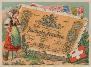 Fille suisse en costume traditionnel et billet de 20 francs - French School