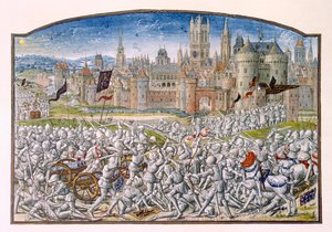 T.2 fol.287 Victoire des habitants de Gand dirigés par Philipp van Artevelde devant Bruges en 1381, de la Chronique de Froissart, 1472 - French School