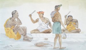 Batteurs de tissu tahitiens, par LF Lejeune du Voyage de Louis I Duperrey (1822-1825), Polynésie 19e siècle Aquarelle - French School