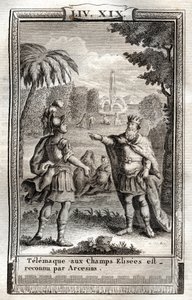 Télémaque aux Champs Élysées est reconnu par Arcésius - gravure de 1798 d