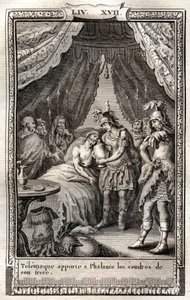 Télémaque soigne les blessures de Phalante et lui apporte les cendres de son frère - gravure de 1798 d