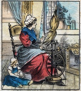 Textile, lin. Une femme utilise un rouet mécanique pour filer le lin. Gravure. Imagerie d