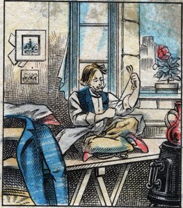 Textile, lin. Fil à coudre coupé en écheveaux. Gravure. Imagerie d