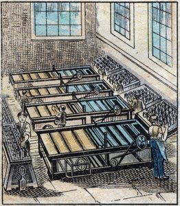 Textile, lin : atelier. Le lin est composé de plusieurs fils simples qui sont ensuite teints ou blanchis puis glacés et recouverts de cire d