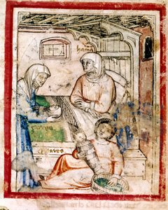 Thamar (Tamar) donne naissance à deux jumeaux, Perets et Zerah, fils de Juda, Miniature du codex 212 (ou codex padovano ou Bible de Padoue) 1390-1400 - French School