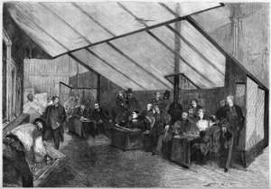 Le Salon de 1872 : une session du jury de peintures. De droite à gauche : Meissonnier, Ph. Rousseau, Breton, G. Boulanger, Robert Fleury, Fromentin, Jalabert, Mazerolles, Brion, Bonnat, Baudry, Dubuffe, Delauney, Cabat. Gravure dans « Le Monde Illustré »