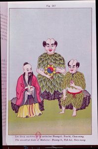 Les Dieux ancestraux de la médecine : Hwang-ti, Fuh-hsi tenant le Tai-ki, Shen-nung goûtant une plante médicinale, illustration d
