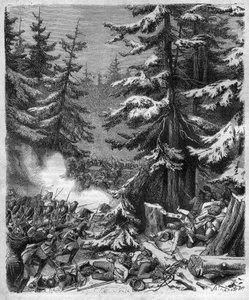 La bataille de Hohenlinden (près de Munich, Allemagne) le 12 Frimaire, IX (3 décembre 1800) entre les troupes françaises du général Jean Victor (Jean-Victor) Moreau et les forces autrichiennes et bavaroises commandées par l