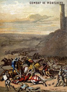 La bataille de Montlhéry (1227) : Les royaumes et la féodalité - Blanche de Castille, régente de son fils Louis IX mate la révolte des grands féodaux. Chromolithographie de la série « Éducation patriotique par l