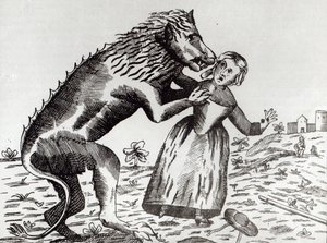 La Bête du Gévaudan attaquant une jeune fille - French School