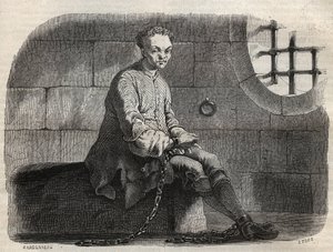Le brigand Louis Dominique Garthausen dit Cartouche (1693-1721) en prison - Gravure dans « Causes célèbres de tous les peuples » par Armand Fouquier (1817-18?) 1858-1867 - Collection privée - French School