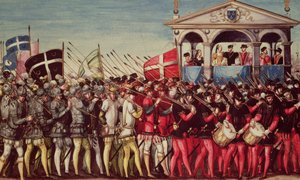 Le cortège de tambours et de soldats à la fête d