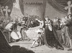 Le Tribunal pour le Procès de la Reine Katharine par George Henry Harlow, représentant Mme Siddons en Reine Katharine dans Henry VIII de Shakespeare. De Histoire des Peintres, École Anglaise, publié en 1867 - French School