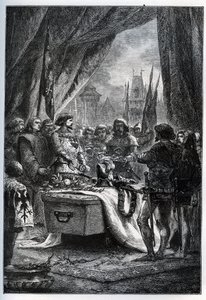 Le gouverneur anglais de Châteauneuf-de-Randon (Châteauneuf-de-Randon, Auvergne) se rend et vient déposer les clés de la place sur le cercueil de Bertrand du Guesclin (1320-1380), le 13 juillet 1380 devant lequel la ville était assiégée. - French School