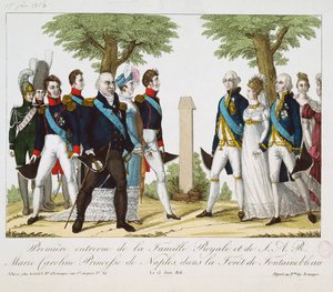 La première rencontre entre Louis XVIII (1755-1824) et Marie-Caroline-Ferdinande (1798-1870) de Bourbon, à la Croix de St. Herem dans la forêt de Fontainebleau, 15 juin 1816, 1816-30 - French School