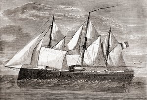 Le cuirassé français Gloire, le premier cuirassé océanique, lancé en 1859, extrait de Les Merveilles de la Science, publié vers 1870 (gravure) - French School