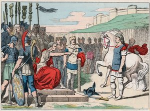 Le chef gaulois Vercingétorix (80-46 av. J.-C.) se rend à Jules César (100-44 av. J.-C.) à Alésia en 52 av. J.-C. - Vercingétorix (72-46 av. J.-C.) chef gaulois, se rendant à César à Alésia (France) - Gravure de la fin du XIXe siècle dans « Nos Gloires Nat