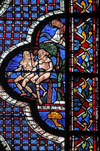 La fenêtre du Bon Samaritain : Dieu appelle Adam et Ève (avec des feuilles de figuier) - French School