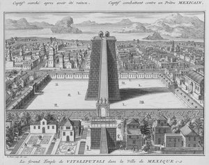 Le Grand Temple de Vitsliputsli à Mexico, illustration tirée de Cérémonies et coutumes religieuses, gravée par Bernard Picart, 1722 - French School