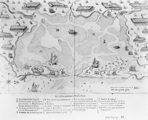 Le port de Cape Cod, extrait des Voyages de sieur Champlain par Samuel de Champlain, publié à Paris en 1613 - French School