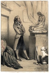 Le sculpteur italien Antonio Canova (1757-1822) devant la culture de « Madeleine pénitente ». Planche tirée de « Scènes de la vie des hommes célèbres », gravure en deux tons par Valerio. 1843