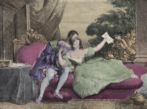 Le roi de France François Ier (1494-1547) avec Diane de Poitiers (1499-1566) Dame de Brézé, Duchesse de Valentinois. Lithographie de Daveria de 1832 dans "Rires Et Galanterie". Collection hebdomadaire d