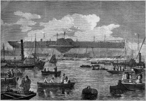 Le « Leviathan » (Great Eastern), le premier paquebot géant, lors de sa tentative de lancement en 1857. Gravure dans « Le Monde Illustré » n°31 du 14 novembre 1857. - French School