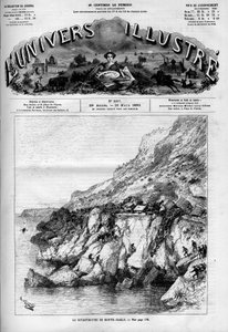 La catastrophe de Monte Carlo : accident de train sur la ligne de chemin de fer longeant la côte. Un journal. Gravure dans "Le Monde Illustré"