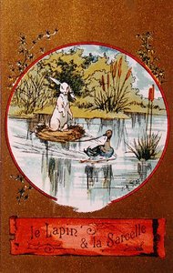 Le Lapin et le Canard, carte illustrée représentant la fable de Jean de la Fontaine (1621-95) c.1880 - French School