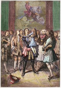 Le tsar russe Pierre Ier le Grand (1672-1725) tenant le roi Louis XV dans ses bras à Versailles en 1717 - PIERRE Ier (1672-1725) tsar de Russie - French School