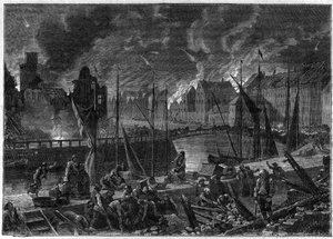 La deuxième bataille de Copenhague (ou le bombardement de Copenhague) (16 août-5 septembre 1807) bombardement britannique de Copenhague afin de saisir la flotte dano-norvégienne, pendant les guerres napoléoniennes - Guerres anglaises - La bataille de Copen - French School