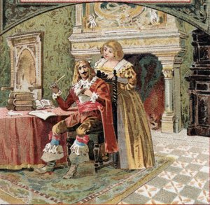 Le sire de Beringhen et Madame du Fargis complotent contre Richelieu (Armand Jean du Plessis, cardinal de Richelieu (1585-1642), ministre de Louis XIII, au château d