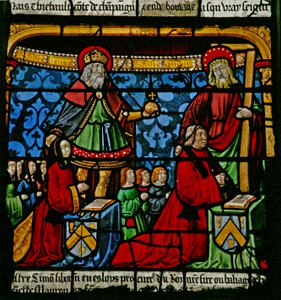 La fenêtre de Saint Louis : Les donateurs Henriette de Mauroy et Simon Liboron peuvent être vus avec leurs saints patrons Saint Henri et Simon de Cyrène - French School