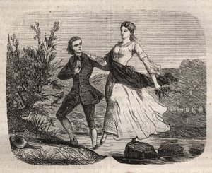 Le philosophe suisse Jean-Jacques Rousseau aidant Mademoiselle Galley à traverser un ruisseau. Gravure de 1871 dans "Histoire Des Cocus Célèbres" de Henry de Kock - French School