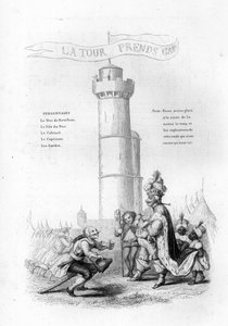 La tour est prudente. Un colonel avec un fusil descend vers le roi, suivi de pages. Gravure dans « Chants et chansons populaires de la France », Tome 2 - French School