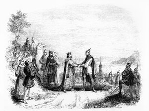 Le traité de Saint Clair-sur-Epte entre Charles III Le Simple (879-929) roi de France (898-923) et Rollon le Viking en 911 - French School