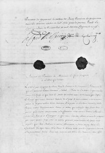 Le Traité des Pyrénées, signé par le cardinal Jules Mazarin (1602-61) et Don Luis Mendez de Haro (1598-1661) le 7 novembre 1659 - French School
