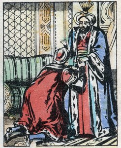Le fils du vizir renonce à épouser la fille du sultan. Gravure du conte des Mille et Une Nuits « Aladin et la Lampe merveilleuse ». Imagerie d