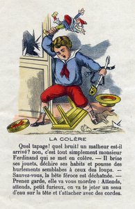 La colère. Enfant capricieux cassant ses jouets. Alphabet des petits garçons. Abécédaire à valeur morale contenant des exercices de lecture. Imagerie d