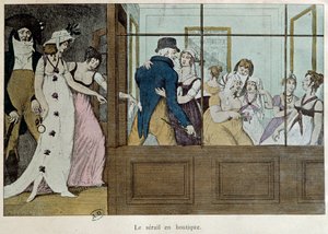 La boutique de rendez-vous : le sérail dans la boutique Une maison de prostitution au Palais Royal à Paris. Lithographie du début du XVIIIe siècle Paris, arts décoratifs - French School