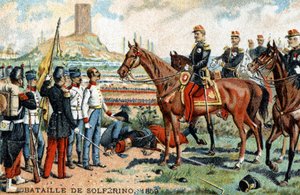 La bataille de Solférino (Italie) entre les armées franco-sardes (victorieuses) et autrichiennes (vaincues) en 1859. Chromolithographie du 19ème siècle. - French School