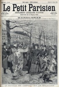 La bataille de confettis sur le boulevard parisien pendant Mardi Gras. Gravure dans "Le Petit Parisien"