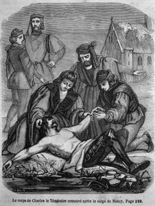 Le corps de Charles le Téméraire (1433 - 1477) retrouvé après le siège de Nancy - dans « Histoire de France » par L.-P. Anquetil - French School