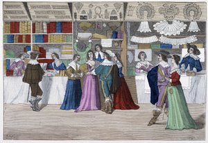 Les boutiques de la galerie du Palais de Justice sous Louis XIII - dans "Paris à travers les siècles" - French School