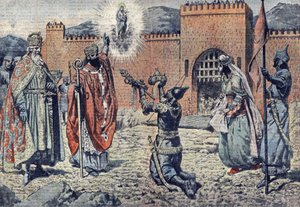 Le prince sarrasin Mirat dit Lorus, assiégé par Charlemagne en 778 dans son château de Lourdes - French School
