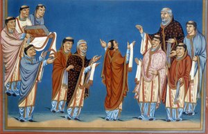Les chanoines de Saint-Martin de Tours offrant au roi Charles II dit le Chauve (823-877) une Bible écrite dans leur abbaye. - French School
