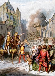 La commune de Reims (1160) - Représailles de Louis VII pour détruire les libertés communales des bourgeois de Reims. Chromolithographie de la série « Éducation patriotique par l